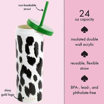 kate spade new york Insulated Tumbler with Reusable Straw, Leopard Print 24 Ounce Acrylic Travel Cup with Lid, Modern Leopard