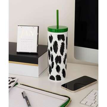 kate spade new york Insulated Tumbler with Reusable Straw, Leopard Print 24 Ounce Acrylic Travel Cup with Lid, Modern Leopard