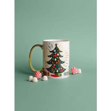 RIFLE PAPER CO. Holiday Tree Porcelain Mug for Festive Occasions and Gatherings with Holiday-Themed Design, Gift For Friends and Family During the Winter Holidays