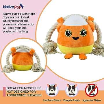 Native Pup Dog Toy Rope and Plush Stuffed Squeaker, Tug of War Toys for Dogs, Puppy Welcome Home Add on for Pets (Candy Corn)