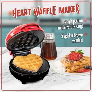 Nostalgia MyMini Personal Electric Heart Waffle Maker, 5-Inch Cooking Surface, Waffle Iron for Hash Browns, French Toast, Grilled Cheese, Quesadilla, Brownies, Cookies, Red