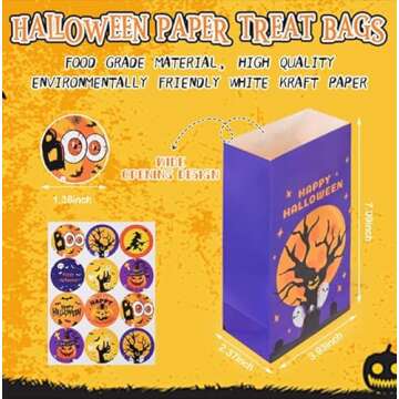 Halloween Treat Bags - 24pcs Halloween Paper Treat Bags with Stickers, Halloween Candy Bags, Halloween Trick or Treat Bags, Wide Opening for Easy Filling, Perfect for Party Favors and Halloween Gifts