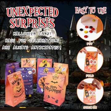 Halloween Treat Bags - 24pcs Halloween Paper Treat Bags with Stickers, Halloween Candy Bags, Halloween Trick or Treat Bags, Wide Opening for Easy Filling, Perfect for Party Favors and Halloween Gifts