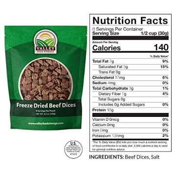 Freeze Dried Beef Dices, 8.5 Oz Pouch | Premium Lightweight Camping Freeze-Dried Food | Non-GMO High Protein Snacks in Resealable Mylar Bag | Easy Prep Survival Hiking Food by Valley Food Storage