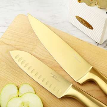 Marco Almond® Gold Knife Set, Knife Block Set MA21,Titanium Coated 14 Pieces Stainless Steel Chef Gold Kitchen Knife Sets with White Block