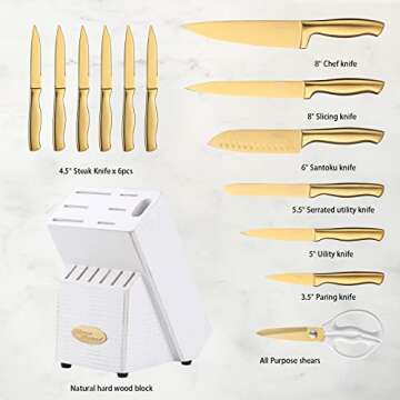 Marco Almond® Gold Knife Set, Knife Block Set MA21,Titanium Coated 14 Pieces Stainless Steel Chef Gold Kitchen Knife Sets with White Block