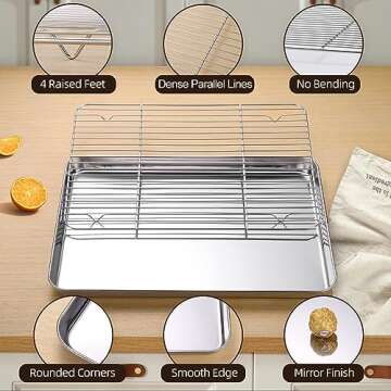 Amrules Baking Sheet with Cooling Rack Set of 6, 3 Premium Stainless Steel Cookie Sheets and 3 Wire Racks, Kitchen Nonstick Baking Pans Set Includes 3 Different Sizes, Heavy Duty Non Toxic