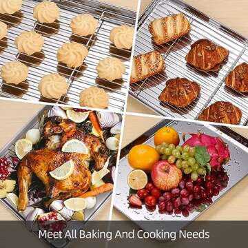 Amrules Baking Sheet with Cooling Rack Set of 6, 3 Premium Stainless Steel Cookie Sheets and 3 Wire Racks, Kitchen Nonstick Baking Pans Set Includes 3 Different Sizes, Heavy Duty Non Toxic