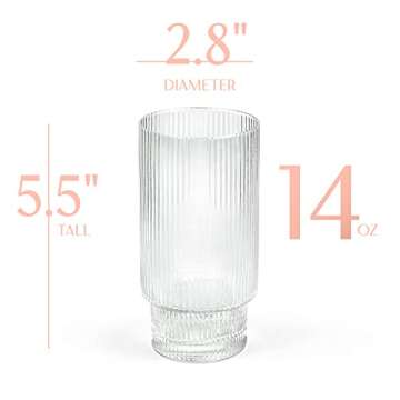 Vintage Art Deco Collins Ribbed Cocktail Glasses | Set of 4 | 14 oz Crystal Highball Glassware for Drinking Mojito, Tom Collins, Classic Hi Ball Bar Drinks | Skinny Tall Barware Tumblers