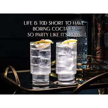 Vintage Art Deco Collins Ribbed Cocktail Glasses | Set of 4 | 14 oz Crystal Highball Glassware for Drinking Mojito, Tom Collins, Classic Hi Ball Bar Drinks | Skinny Tall Barware Tumblers