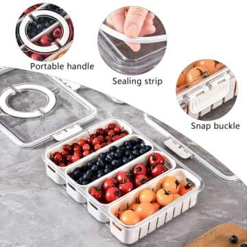 Snackle Box Divided Serving Tray with Lid and Handle - Portable Picnic Parties Veggie Snack Boxes for Adults - Fruit Storage Containers for Fridge Keep Fresh - Berry Candy Food (4 Grids-2PC)