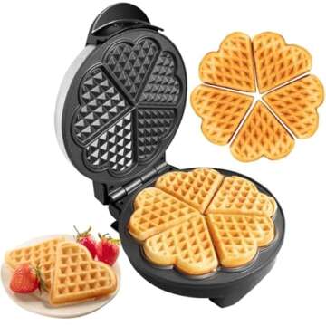 Valentine's Day Heart Waffle Maker- Make 5 Heart Shaped Waffles for Special Loved Ones Breakfast- Nonstick Baker Easy Cleanup, Electric Waffler Griddle Iron w Adjustable Browning Control- Gift for Her