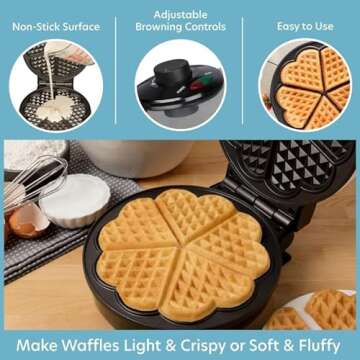 Valentine's Day Heart Waffle Maker- Make 5 Heart Shaped Waffles for Special Loved Ones Breakfast- Nonstick Baker Easy Cleanup, Electric Waffler Griddle Iron w Adjustable Browning Control- Gift for Her