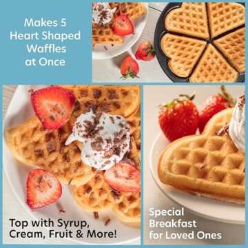 Valentine's Day Heart Waffle Maker- Make 5 Heart Shaped Waffles for Special Loved Ones Breakfast- Nonstick Baker Easy Cleanup, Electric Waffler Griddle Iron w Adjustable Browning Control- Gift for Her