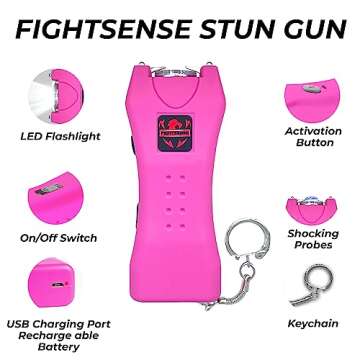 FIGHTSENSE Super Heavy Duty Keychain Stun Gun with Flashlight for Men and Women self Defense Device, Rechargeable Stun Gun, Nylon Holsters (Pink USB)