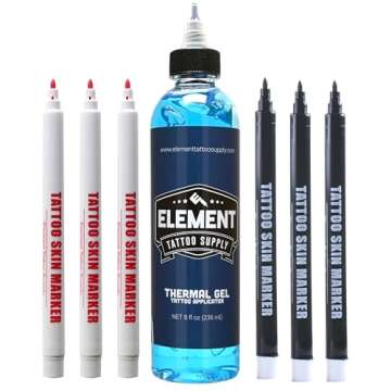 ELEMENT TATTOO SUPPLY - Tattoo Stencil Transfer Gel and Tattooing Skin Marker Pens 3 Red and 3 Purple