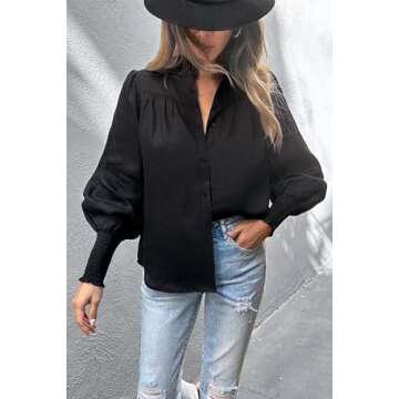 Lesore Womens Blouses Casual Fashion Spring Crewneck Button Down Puff Long Sleeve Smocked Cuffs Shirts Blouses Tops Black L