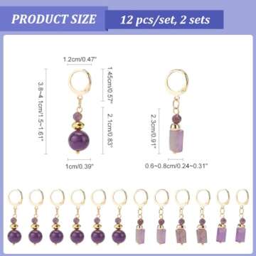 NBEADS 24 Pcs Natural Amethyst Stitch Markers, Alloy Crochet Stitch Marker Removable Leverback Hook Locking Stitch Marker for Knitting Weaving Sewing Jewelry Making