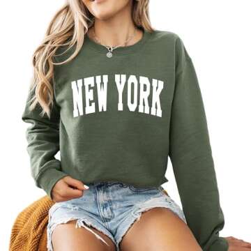 New York Women's Long Sleeve Crewneck State Sweatshirt College University Print Graphic Shirts Pullover Tops