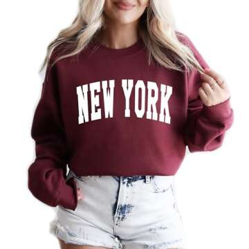 New York Women's Long Sleeve Crewneck State Sweatshirt College University Print Graphic Shirts Pullover Tops