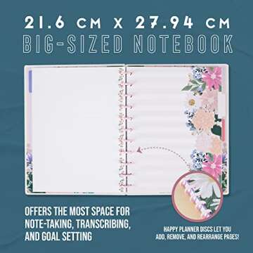 Happy Planner Disc-Bound Notebook for School, Back-to-School Essentials for Teachers and Students, Office and School Supplies, Big Size, Dot Lined, 8.5 in x 11 in, 60 Sheets, Springtime flora