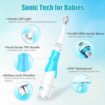 DADA-TECH Toddler Electric Toothbrush Kids Age 1-2-3 Years Old, Baby Electric Toothbrush with LED Light 2 Minutes Timer 4 Vibrating Heads for Infants Toothbrush 6 to 12 Months and Up (Blue)