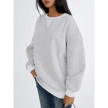 Trendy Queen Womens Oversized Crewneck Sweatshirt Fleeced 2025 Fall Fashion Outfits Clothes Clothing Loose Fit Comfy Crew Neck Color Block Pullover Top Grey