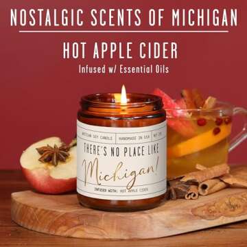 Michigan Gifts, Michigan Decor for Home - 'There's No Place Like Michigan Candle, w/Hot Apple Cider I Michigan Souvenirs I Michigan State Gifts I 9oz Jar, 50Hr Burn, USA Made