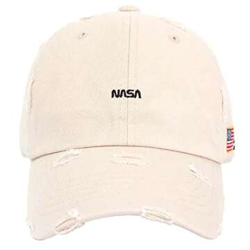 Flipper Mini NASA American Flag Side Patch Unconstructed Vintage Bullet Ripped Holes Washed Cotton Distressed Baseball Cap Dad Hat (Beige, Medium~Large (22 3/8"~ 23 1/8"))