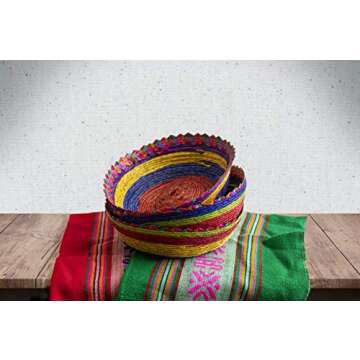 3-Pack Genuine Mexican Handwoven Tortilla Basket | Fiesta Mexican Tortilla Warmer |Tortilla Holder |Tortillero | Palm Straw Baskets Handmade in Mexico | Mexican Bowls (Multicolor, 3)