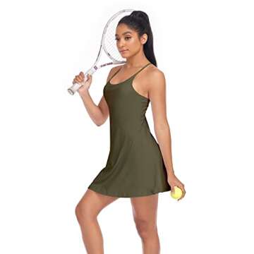 Women's Tennis Dress, Athletic Workout Sports Golf Dresses with Built-in Bra & Shorts Exercise Dresses for Women Military Green