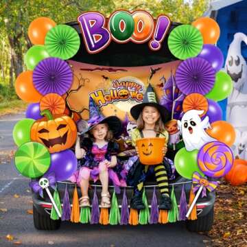 Halloween Trunk or Treat Car Decorations Kit for SUV, Halloween Car Archway Garage Decorations with Pumpkin & Ghost & Lollipops & "BOO" PVC Stickers, Banner, Paper Fans, Balloons, Tassel