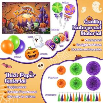 Halloween Trunk or Treat Car Decorations Kit for SUV, Halloween Car Archway Garage Decorations with Pumpkin & Ghost & Lollipops & "BOO" PVC Stickers, Banner, Paper Fans, Balloons, Tassel