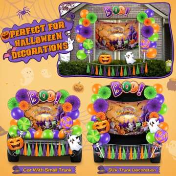 Halloween Trunk or Treat Car Decorations Kit for SUV, Halloween Car Archway Garage Decorations with Pumpkin & Ghost & Lollipops & "BOO" PVC Stickers, Banner, Paper Fans, Balloons, Tassel