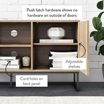 Nathan James Dylan Media Console Cabinet or TV Stand with Doors for Hidden Storage in a Natural Reclaimed Herringbone Wood Pattern and Metal, Oak/Matte Black