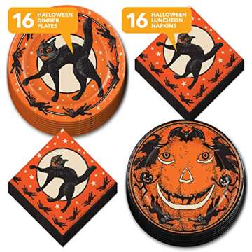 Vintage Halloween Party Supplies - Spooky Black Cat Dinner Plates & Napkins Set (Serves 16)