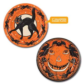 Vintage Halloween Party Supplies - Spooky Black Cat Dinner Plates & Napkins Set (Serves 16)