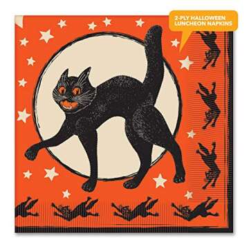 Vintage Halloween Party Supplies - Spooky Black Cat Dinner Plates & Napkins Set (Serves 16)