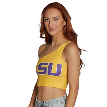 Lojobands Women's College Gameday Outfit One Shoulder Top Tailgate Crop Top One Size Fits Most (Louisiana State LSU Tigers - Yellow)