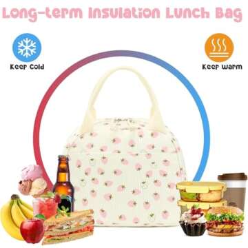 Bluboon Lunch Bag for Women Men Cute Corduroy Lunch Tote Bags Reusable Insulated Lunch Box Large Capacity Reusable Insulated Cooler for Work Picnic or Travel (Beige strawberry)