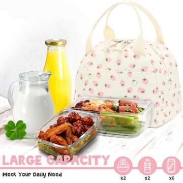 Bluboon Lunch Bag for Women Men Cute Corduroy Lunch Tote Bags Reusable Insulated Lunch Box Large Capacity Reusable Insulated Cooler for Work Picnic or Travel (Beige strawberry)