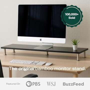 The Original Bamboo Dual Monitor Stand (As Seen On PBS) - 42 Inch Large Monitor Riser for Computer Screens, Laptop or TV - Desk Shelf Adds Storage Space and Improves Ergonomics - Black