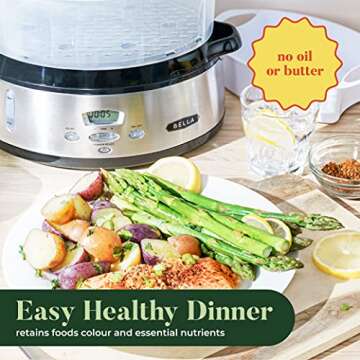 BELLA 9.5 QT Triple Tier Digital Food Steamer, Healthy Fast Simultaneous Cooking, Stackable Baskets for Vegetables or Meats, Rice/Grains Tray, Auto Shutoff & Boil Dry Protection, Stainless Steel