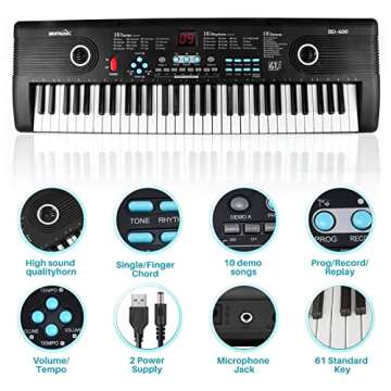 61-Key Keyboard Piano for Beginners with Teaching Mode