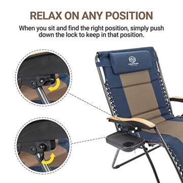 Coastrail Outdoor Zero Gravity Chair Wood Armrest XXL Camping Lounge Chair Patio Recliner Support 400lbs Padded Reclining Chair Folding Lawn Chair with Side Table