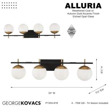 GEORGE KOVACS P1354-618 Alluria Vanity Bath Light, 4-Light, 300 Total Watts, 8.5-in H x 33-in W, Weathered Black with Autumn Gold