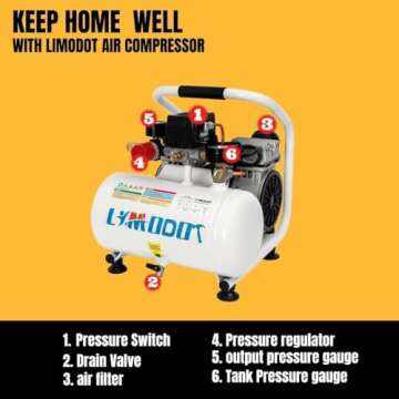 Limodot Ultra Quiet Air Compressor Portable, 60 dB, Silent and Electric for Car and Bike Tires, Nail Gun, and Pneumatic Tools, Garage, Shop, or Mechanic Accessories, 115V