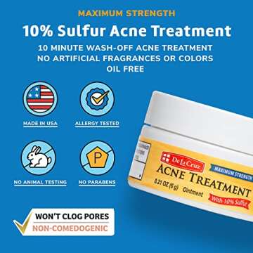 De La Cruz 10% Sulfur Ointment Travel Size - Cystic Acne Treatment for Face and Body - Daily 10 Min Spot Treatment Mask Safe and Effective Game Changing Hormonal Acne Treatment 0.21oz 6g