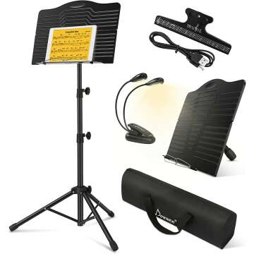 Donner Sheet Music Stand with Light, DMS-1 Portable Metal Music Stand, Tabletop Music Book Stand for Guitar, Ukulele, Violin Players