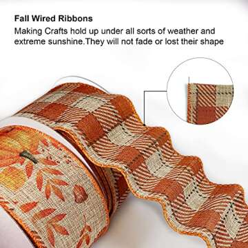 Fall Wired Ribbons 2 1/2” X 60 Feet,Pumpkin/Maple Leaf/Plaid Burlap Ribbons,Farmhouse Harvest Thanksgiving Decorative Wired Ribbon for Wreaths Bows Crafts Fall Home Decor